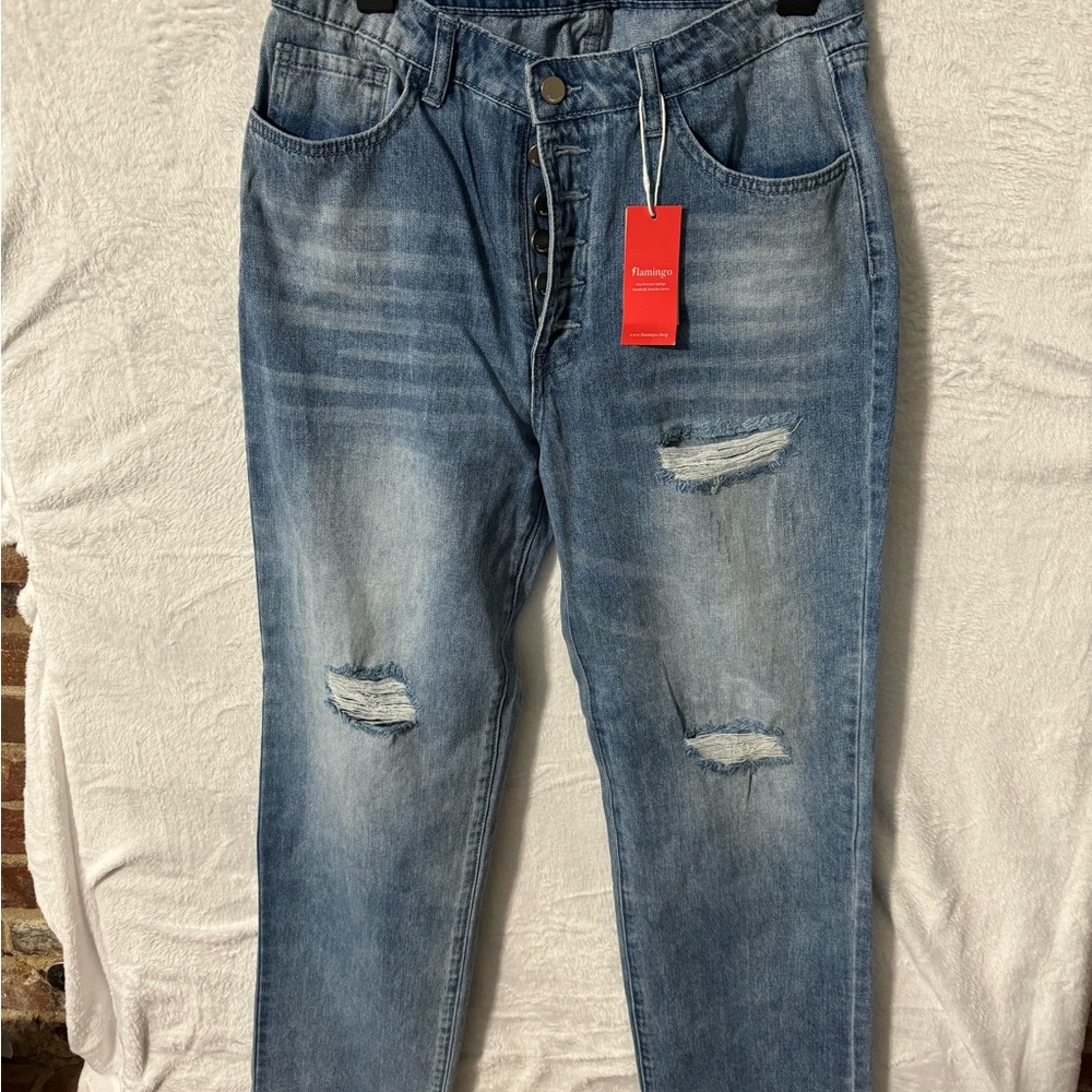 FLAMINGALS Button Fly Jeans Womens L Ripped High Rise Straight Leg Denim Pants